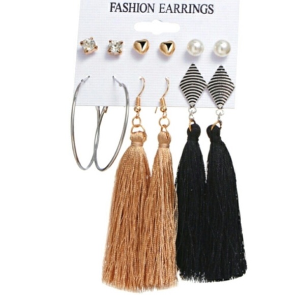 Fringe Earring Hoop Earring Pearl Heart Stud Statement Earring Set - Picture 1 of 5